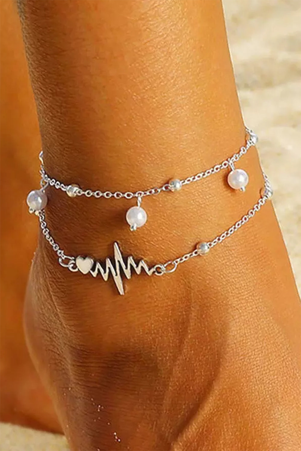 Silver Valentine Heart ECG Heartbeat Pearl Dual-Layered Anklet Jewelry JT's Designer Fashion