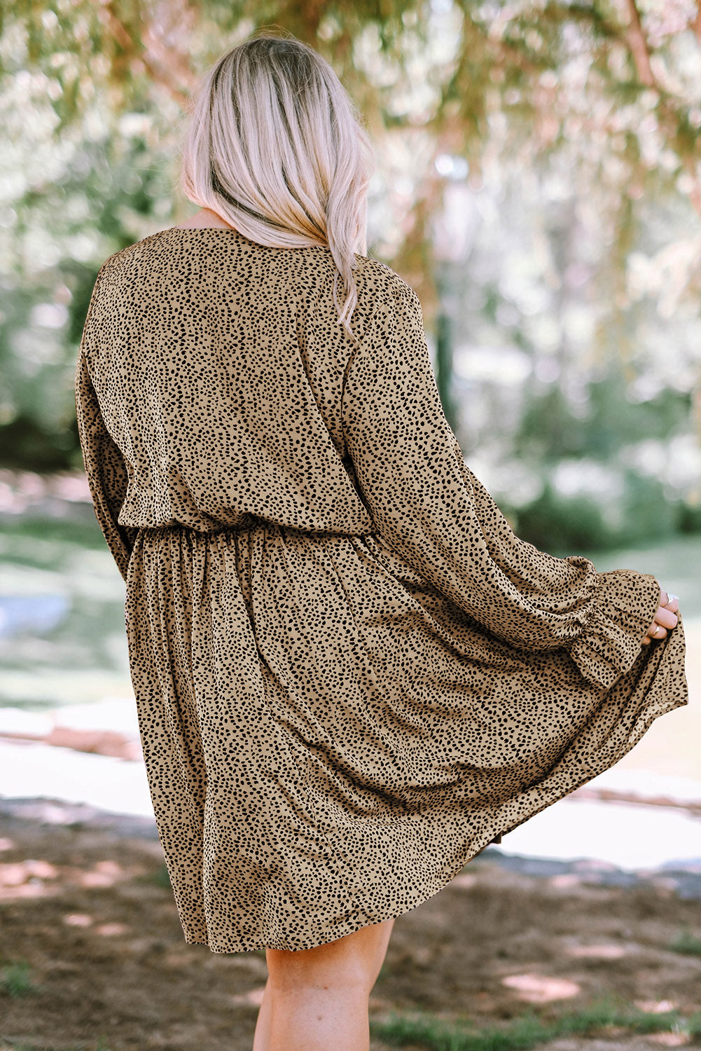 Khaki Plus Size Ruffled Long Sleeve Animal Spotted Print Dress Plus Size Dresses JT's Designer Fashion