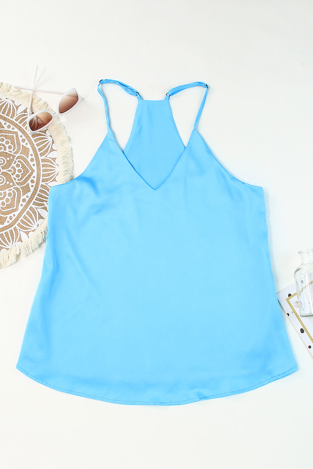 Sky Blue Spaghetti Straps Satin Tank Top Tank Tops JT's Designer Fashion