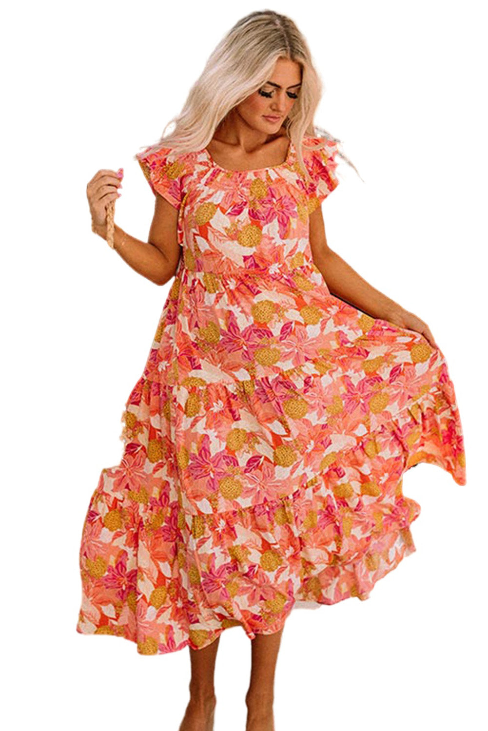 Multicolor Floral Print Ruffle Sleeve Tiered Long Dress Maxi Dresses JT's Designer Fashion