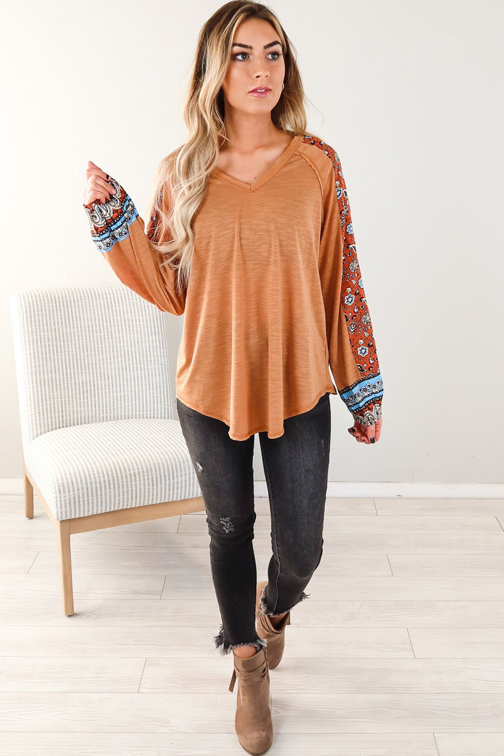 Grapefruit Orange Tribal Floral Patchwork Bubble Sleeve Knit Top Tops & Tees JT's Designer Fashion