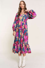 Multicolor Square Neck High Waist Ruffled Floral Dress Dresses JT's Designer Fashion