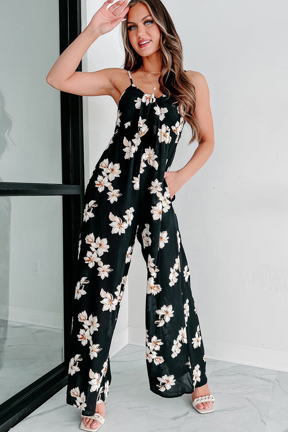 Black Tie Decor V Neck Floral Wide Leg Jumpsuit Jumpsuits & Rompers JT's Designer Fashion