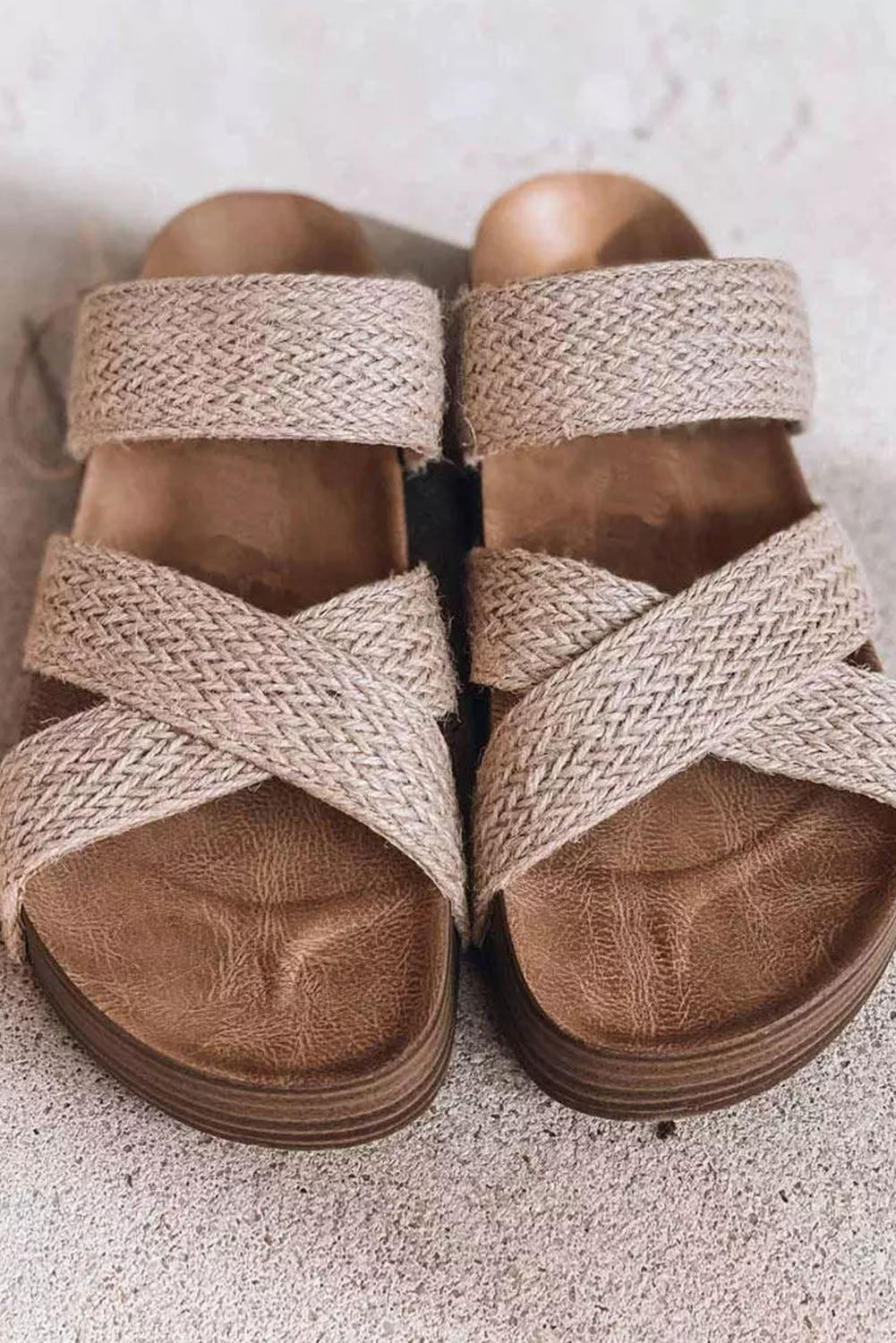 Beige Linen Woven Cross Criss Hollowed Slip-On Slippers Slippers JT's Designer Fashion