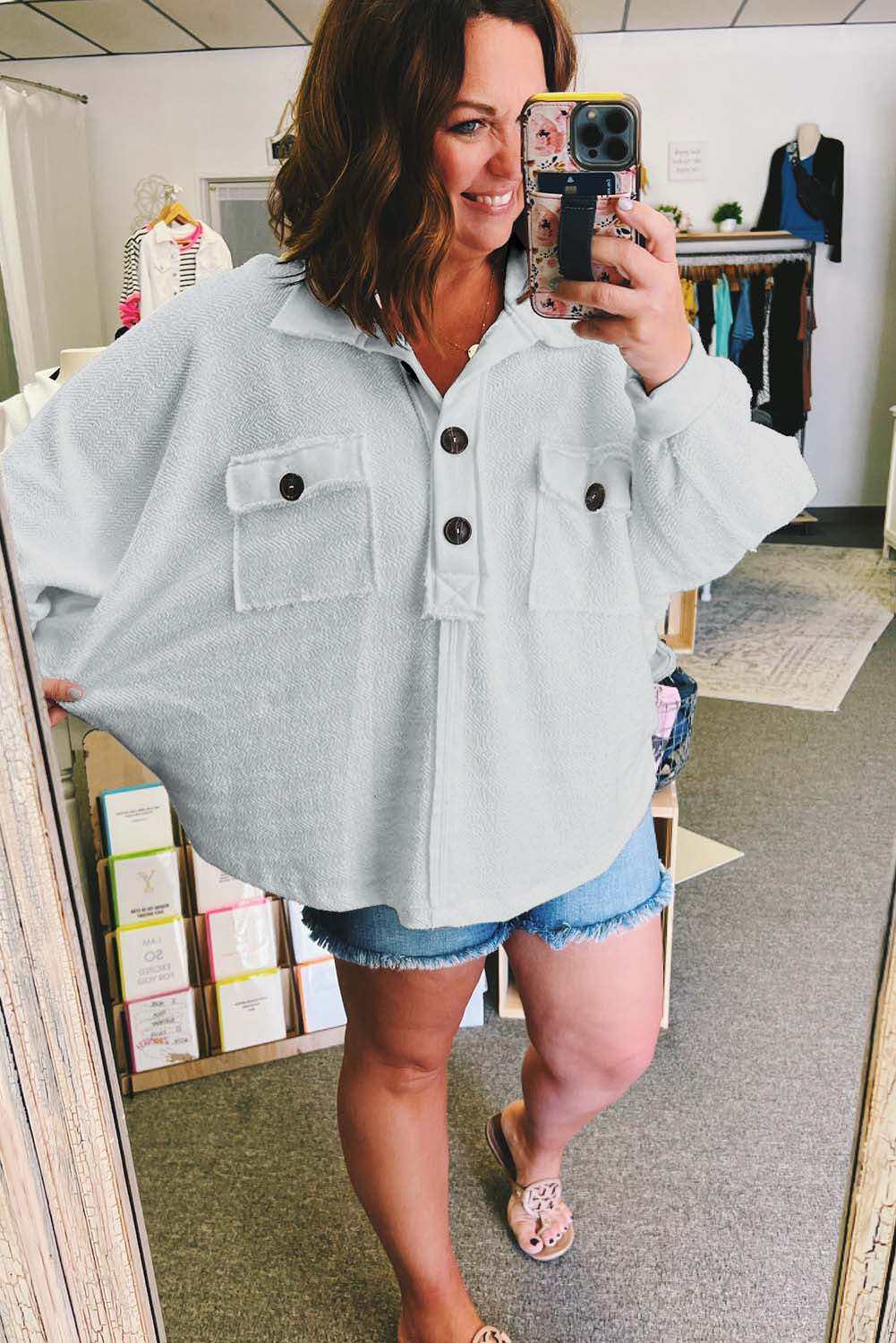 Light Grey White Plus Size Long Sleeve Flap Pocket Henley Top Plus Size JT's Designer Fashion