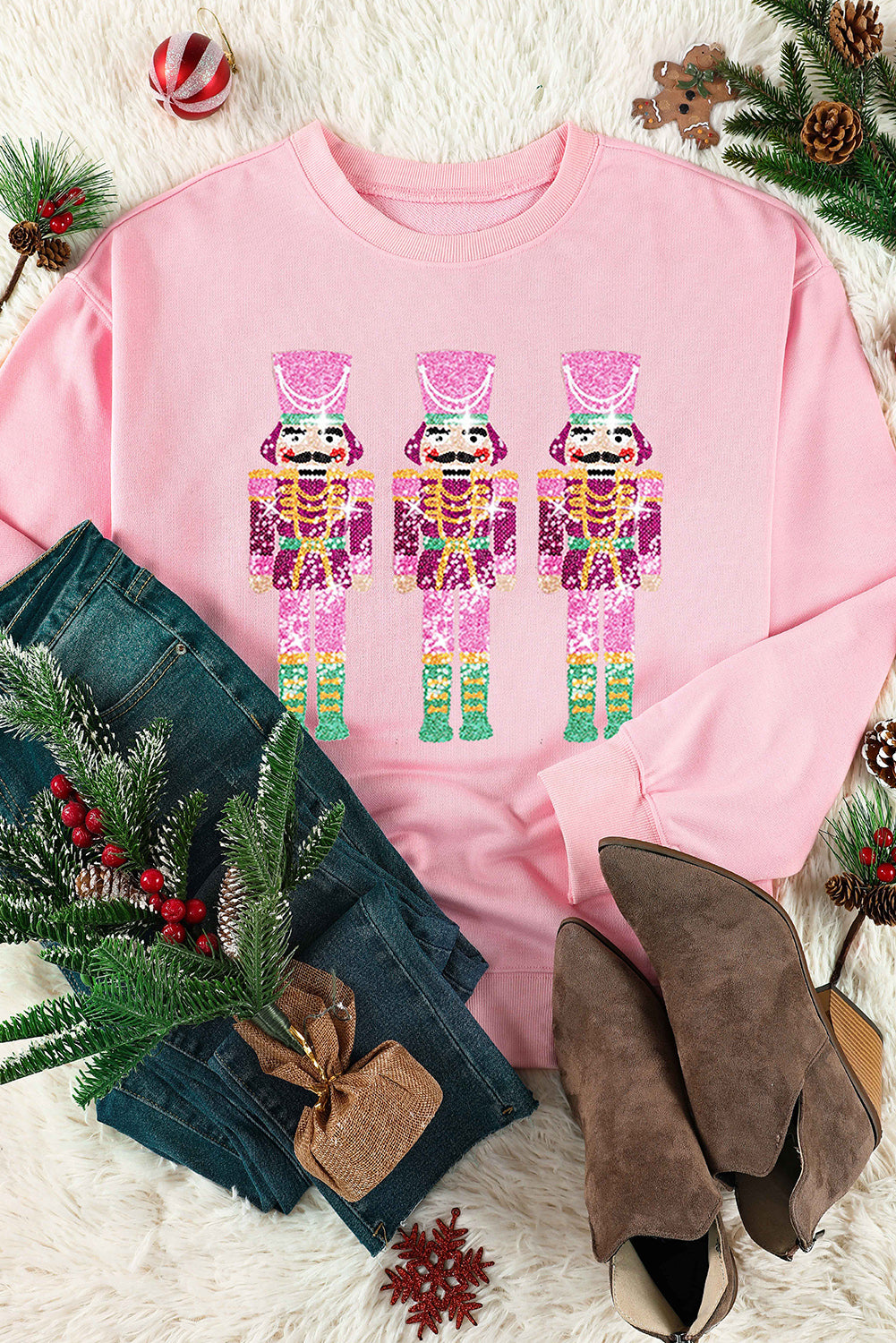 Pink Christmas Neon Nutcrackers Crewneck Sweatshirt Graphic Sweatshirts JT's Designer Fashion