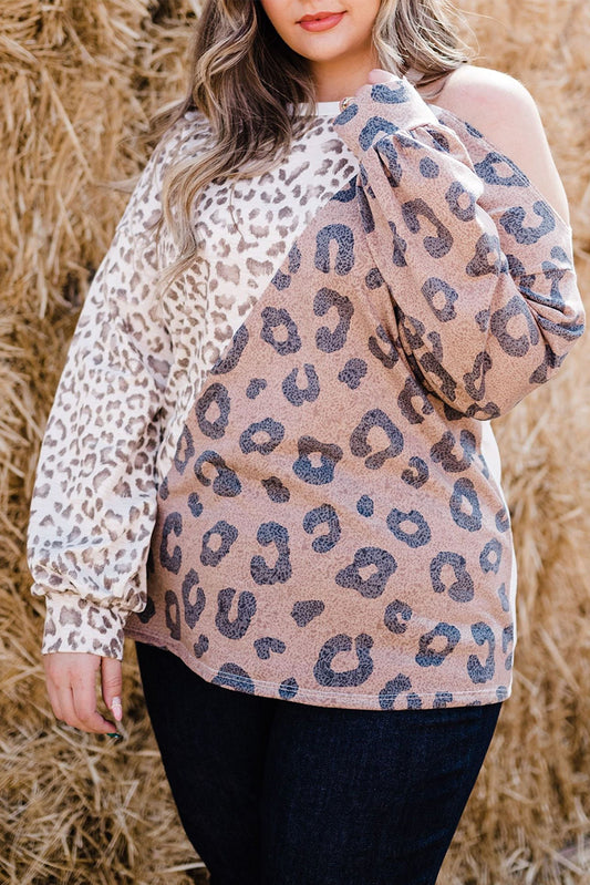 Leopard Plus Size Leopard Color Block Asymmetrical Cold Shoulder Top Plus Size Tops JT's Designer Fashion