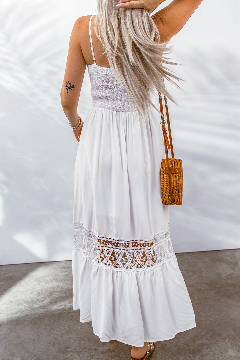 White Lace Splice Button Decor Spaghetti Strap Maxi Dress Maxi Dresses JT's Designer Fashion