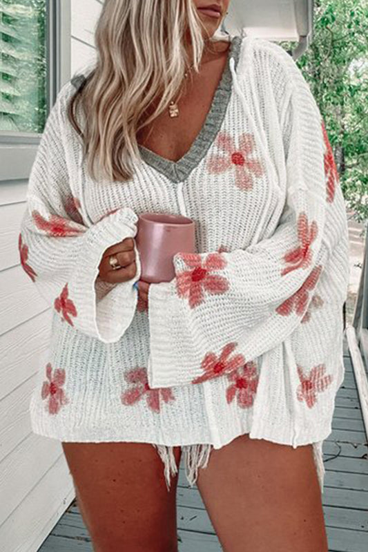 Bright White Plus Size Floral Print Lightweight Hooded Sweater Plus Size JT's Designer Fashion