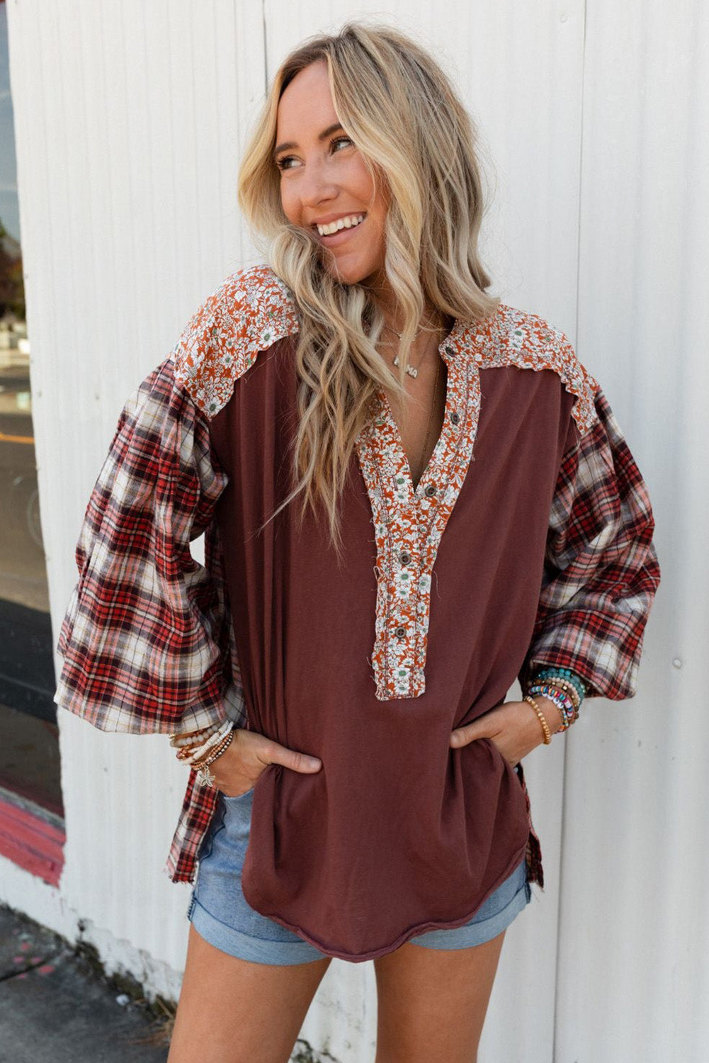 Red Floral Plaid Mixed Print Bishop Sleeve Patchwork Top with Slits Tops & Tees JT's Designer Fashion