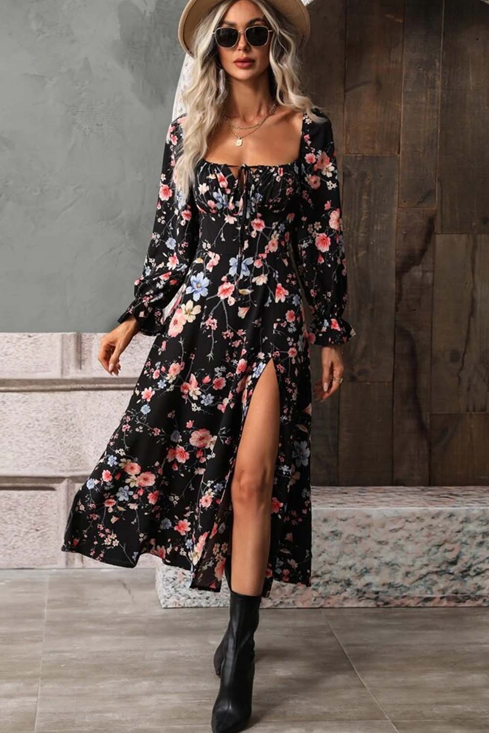 Black Floral Square Neck Long Sleeve High Split Dress Dresses JT's Designer Fashion