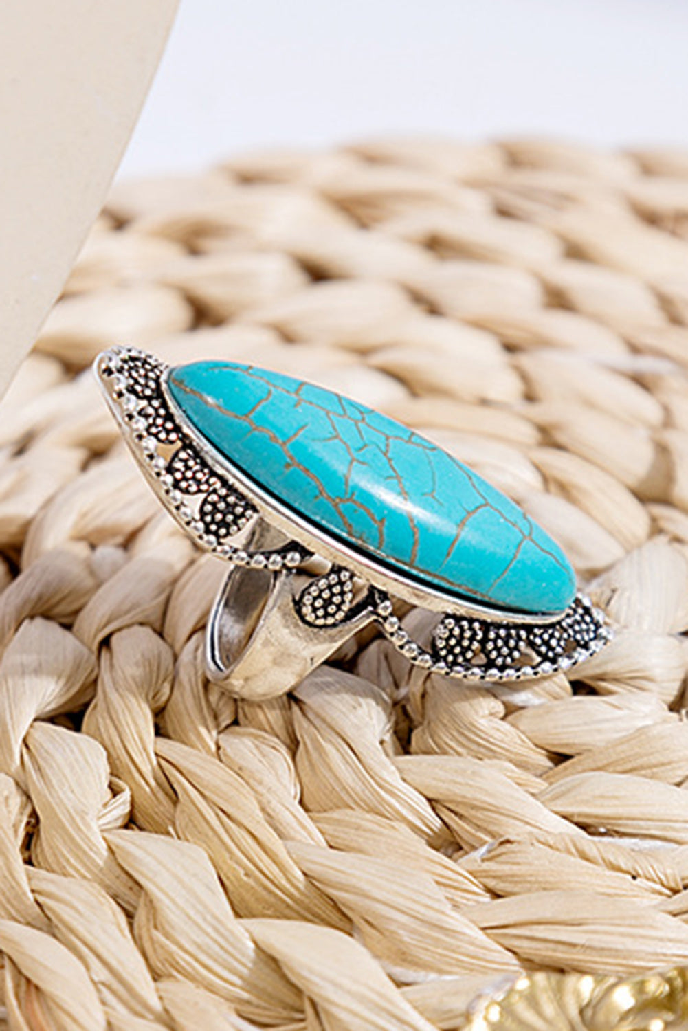 Green Oval Turquoise Studded Antique Alloy Ring Jewelry JT's Designer Fashion