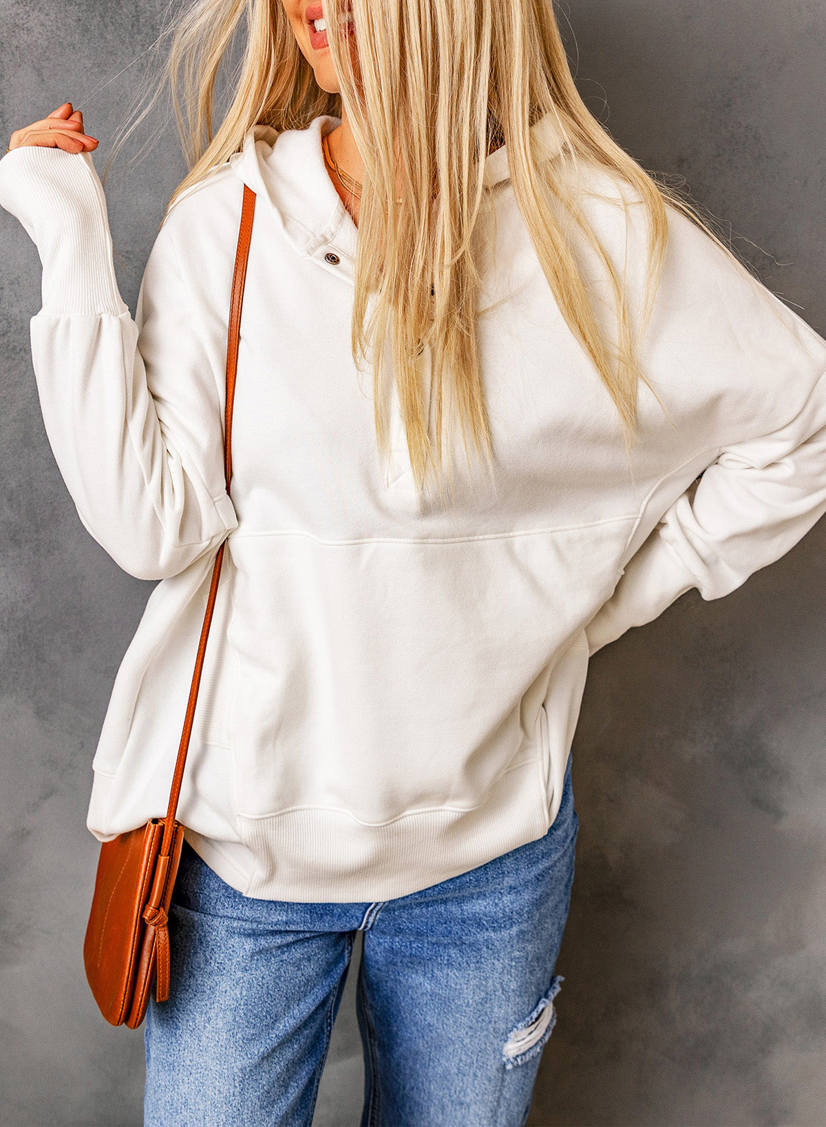 White Back Slogan & Flower Print Pocket Henley Hoodie Graphic Sweatshirts JT's Designer Fashion