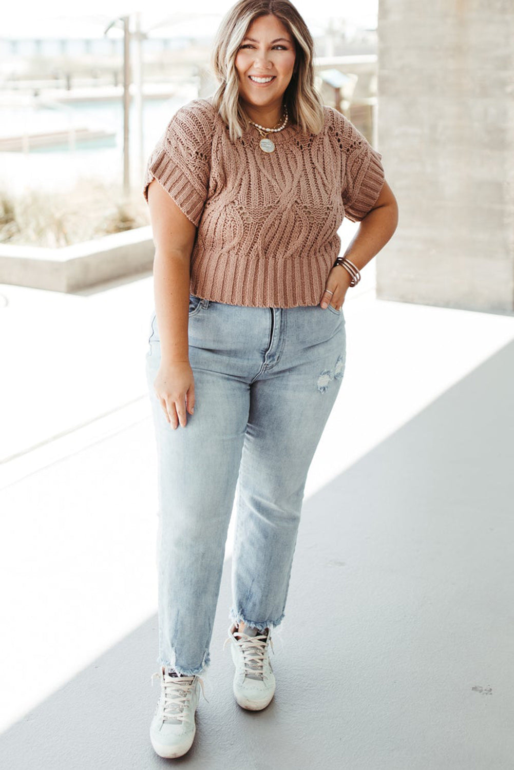 Smoke Gray Eyelet Crochet Short Sleeve Plus Size Knitted Top Plus Size JT's Designer Fashion