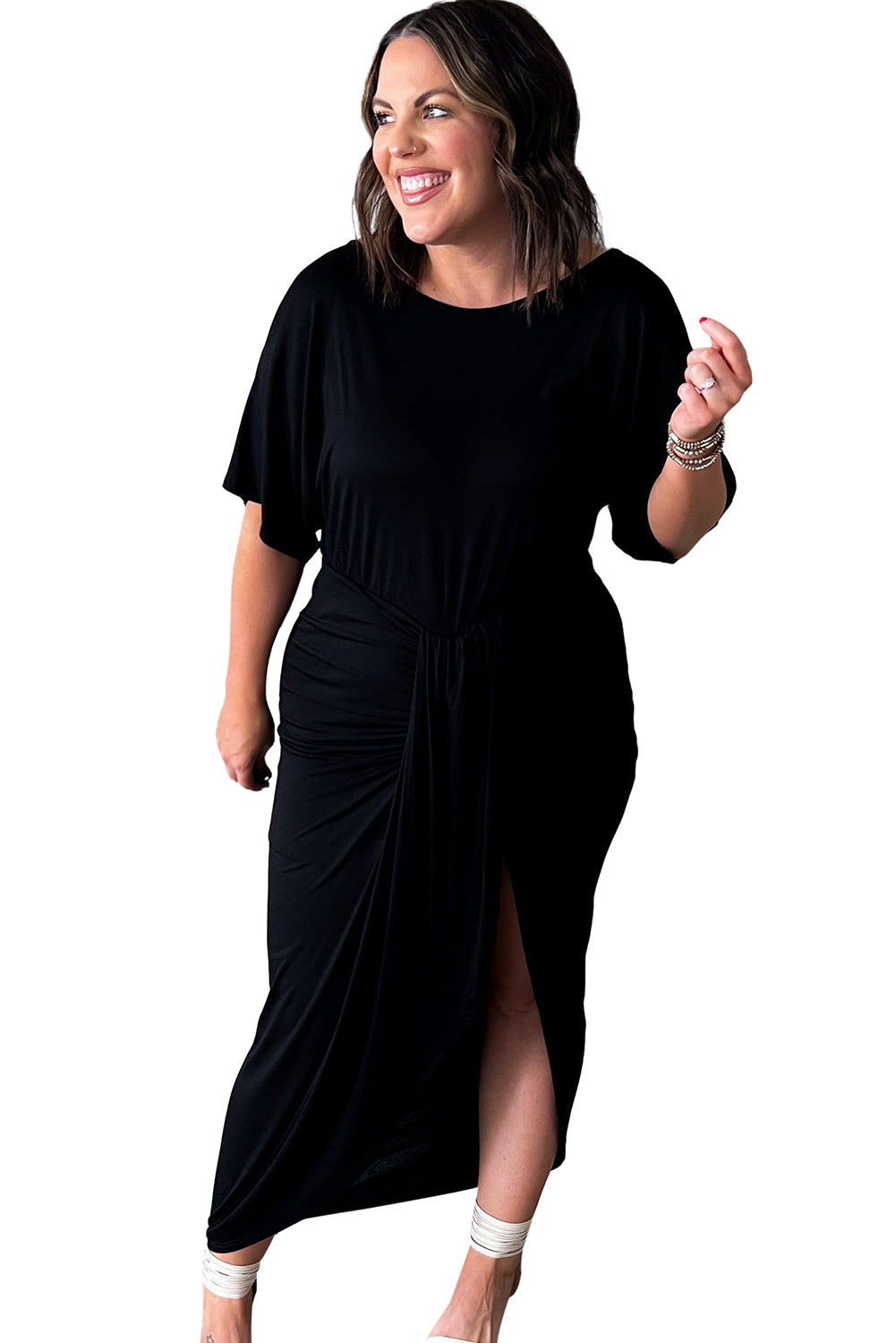 Black Side Split High Waist Short Sleeve Plus Size Maxi Dress Plus Size Dresses JT's Designer Fashion