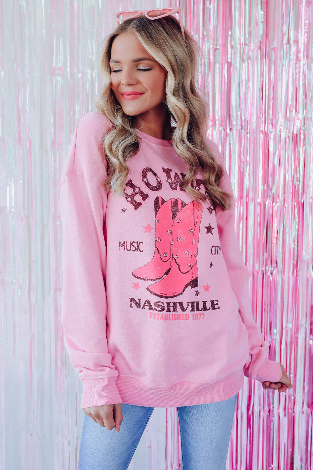 Pink HOWDY NASHVILLE Vintage Western Graphic Sweatshirt Graphic Sweatshirts JT's Designer Fashion