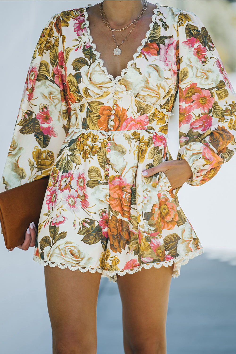 Floral Print V Neck Bishop Sleeve Lace Trim Romper Jumpsuits & Rompers JT's Designer Fashion