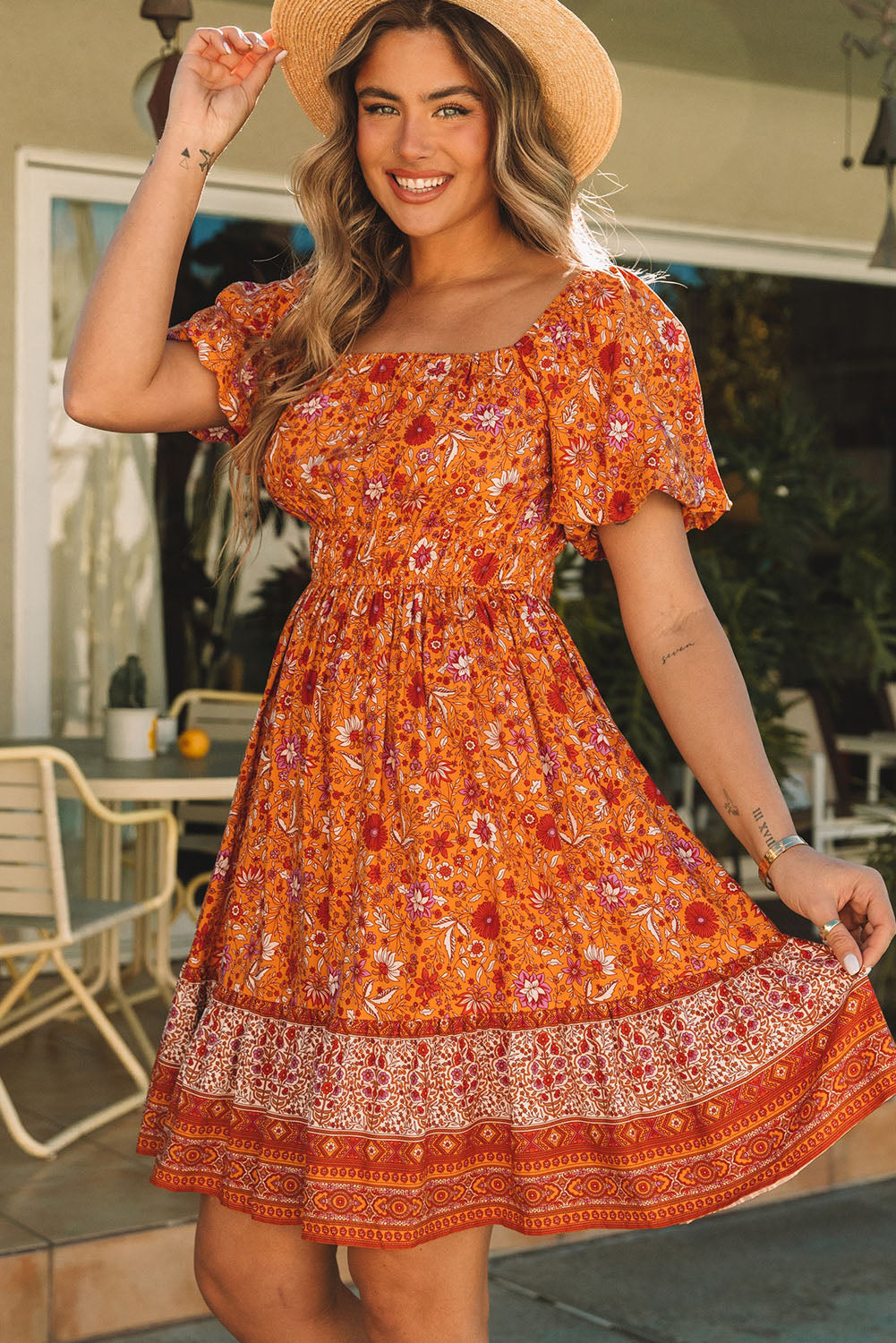 Orange Square Neck Puff Sleeves Flowy Floral Dress Floral Dresses JT's Designer Fashion