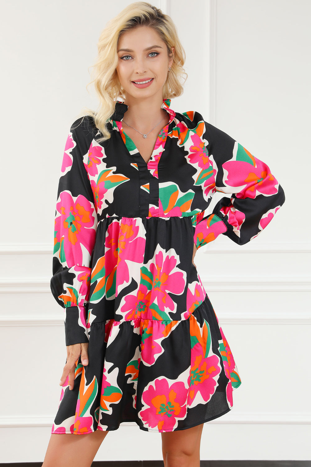 Multicolour Frill Collar Split Neck Long Sleeve Floral Dress Floral Dresses JT's Designer Fashion