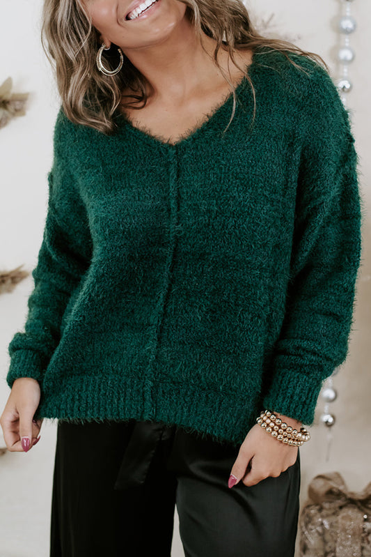 Blackish Green Plus Size Fuzzy Seam Detail V Neck Sweater Plus Size JT's Designer Fashion