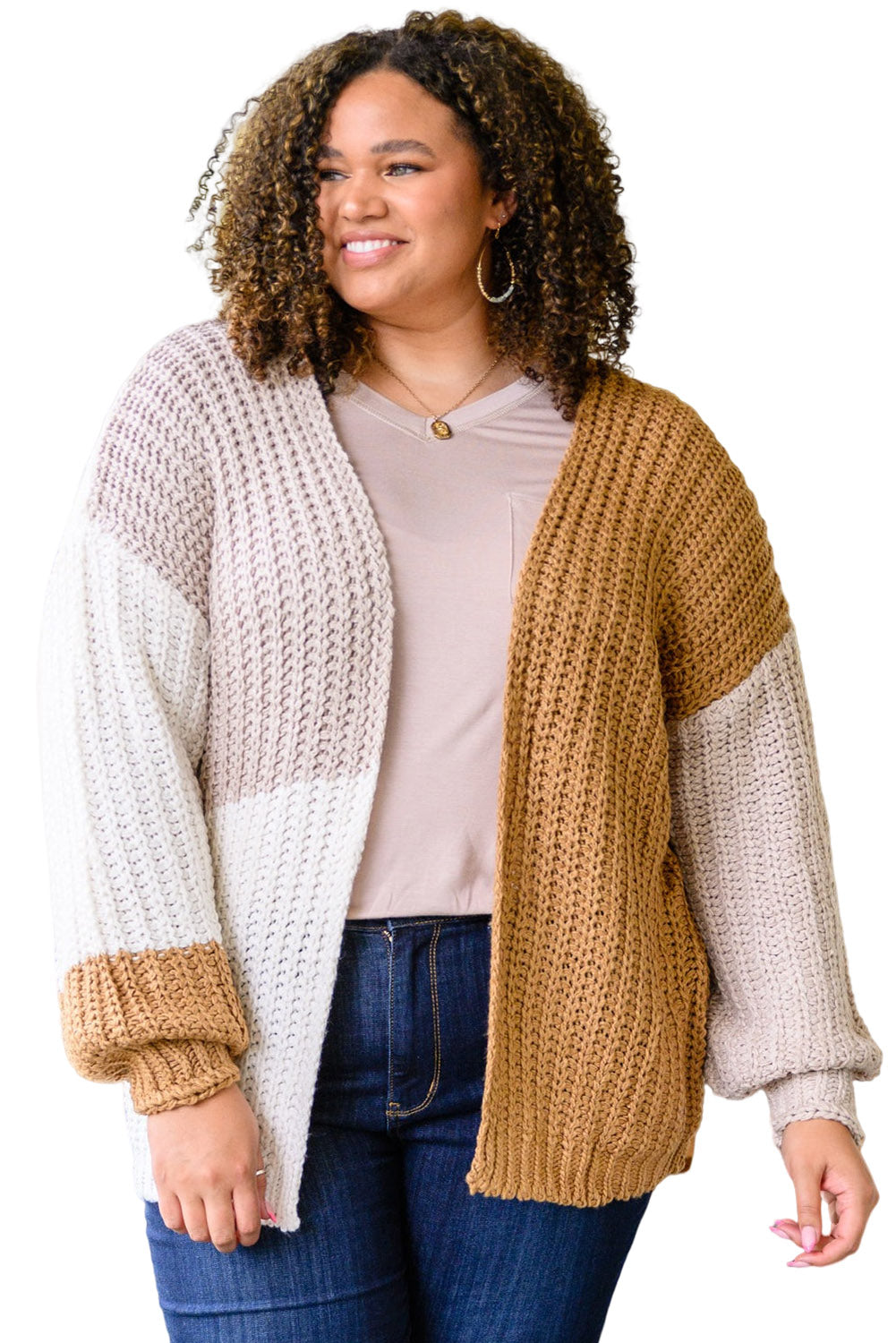 White Color Block Open Front Cable Knit Plus Size Cardigan Plus Size JT's Designer Fashion