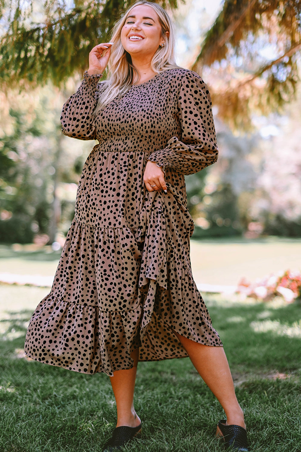 Pink Plus Size Leopard Print Smocked Tiered Dress Plus Size Dresses JT's Designer Fashion