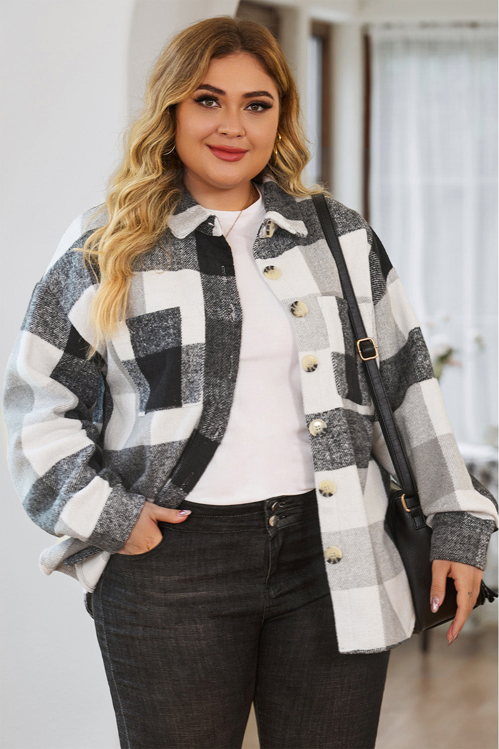 Gray Plus Size Checkered Button-Up Shacket Plus Size JT's Designer Fashion