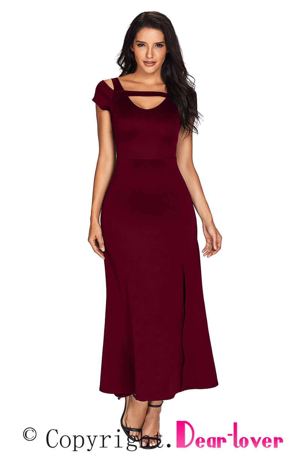 Burgundy Cold Shoulder Front Slit Flare Maxi Dress Maxi Dresses JT's Designer Fashion