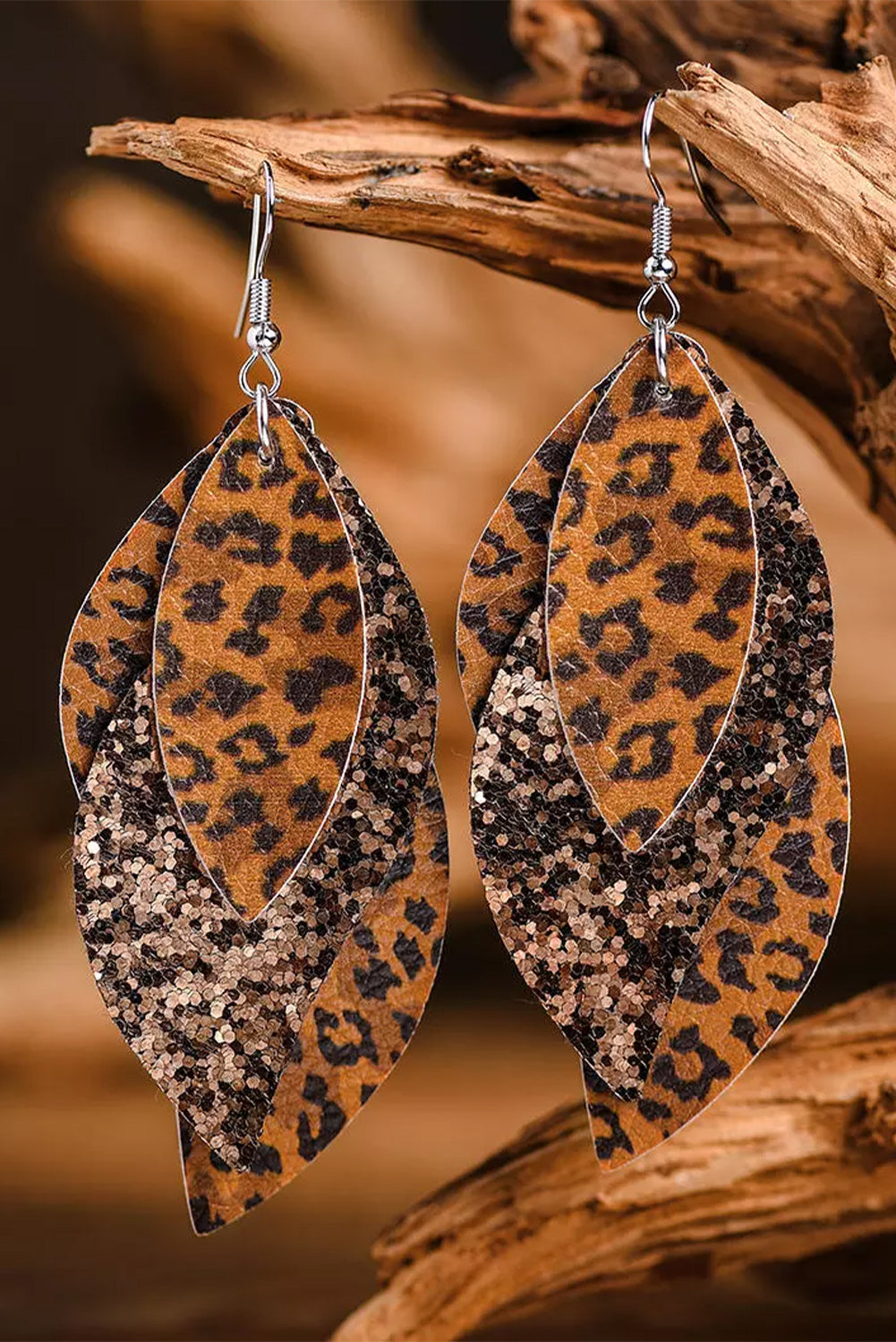 Brown Leopard Sequin Layered Dangle Earrings Jewelry JT's Designer Fashion