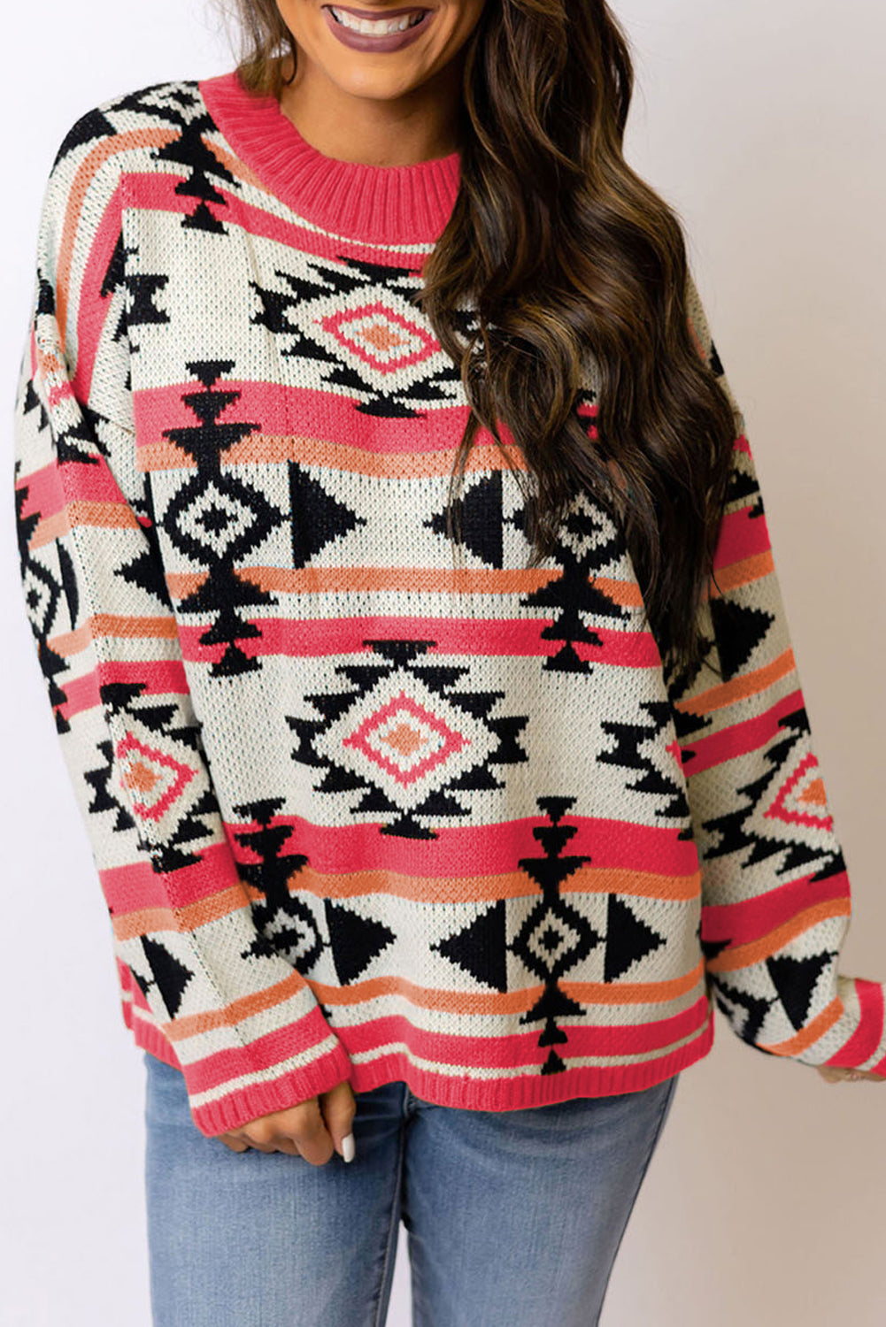 Strawberry Pink Aztec Striped Knit Ribbed Trim Sweater Pre Order Sweaters & Cardigans JT's Designer Fashion