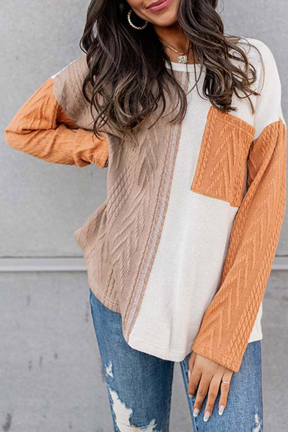 Orange Long Sleeve Colorblock Chest Pocket Textured Knit Top Tops & Tees JT's Designer Fashion