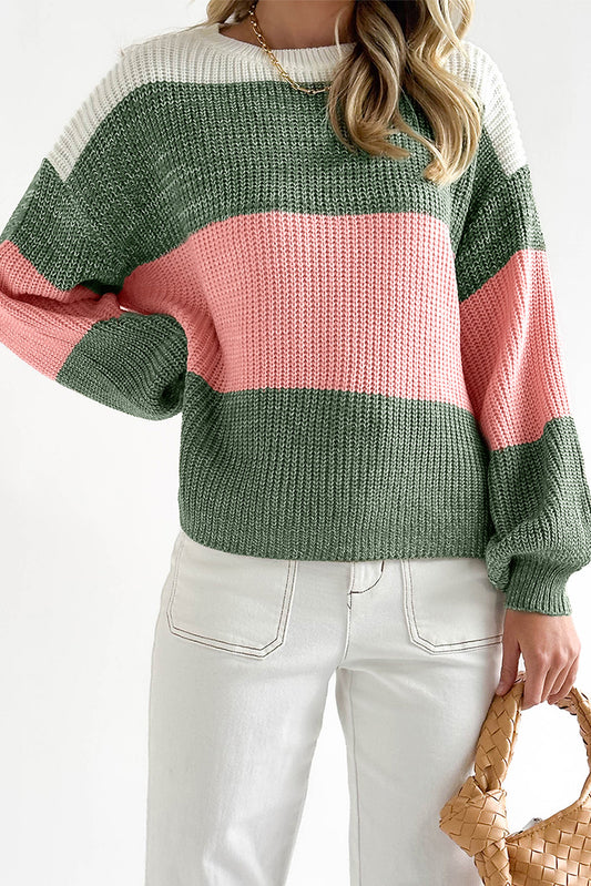 Green-2 Pink Colorblock Drop Shoulder Pullover Loose Sweater Pre Order Sweaters & Cardigans JT's Designer Fashion