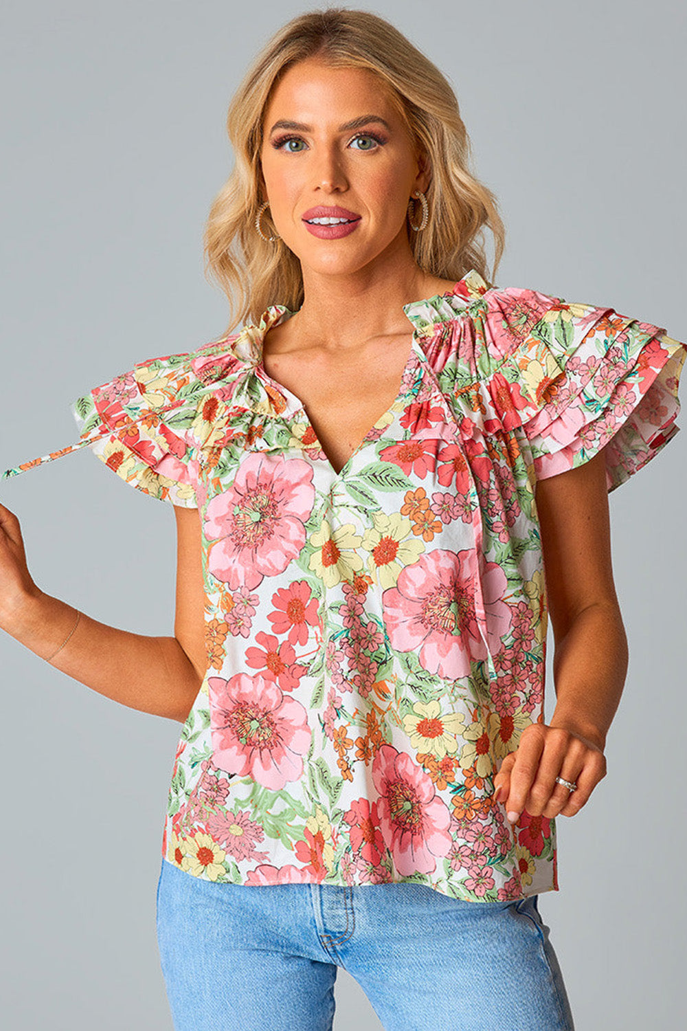 Multicolor Rose Ruffle Flutter Sleeve Floral Print Blouse Tops & Tees JT's Designer Fashion