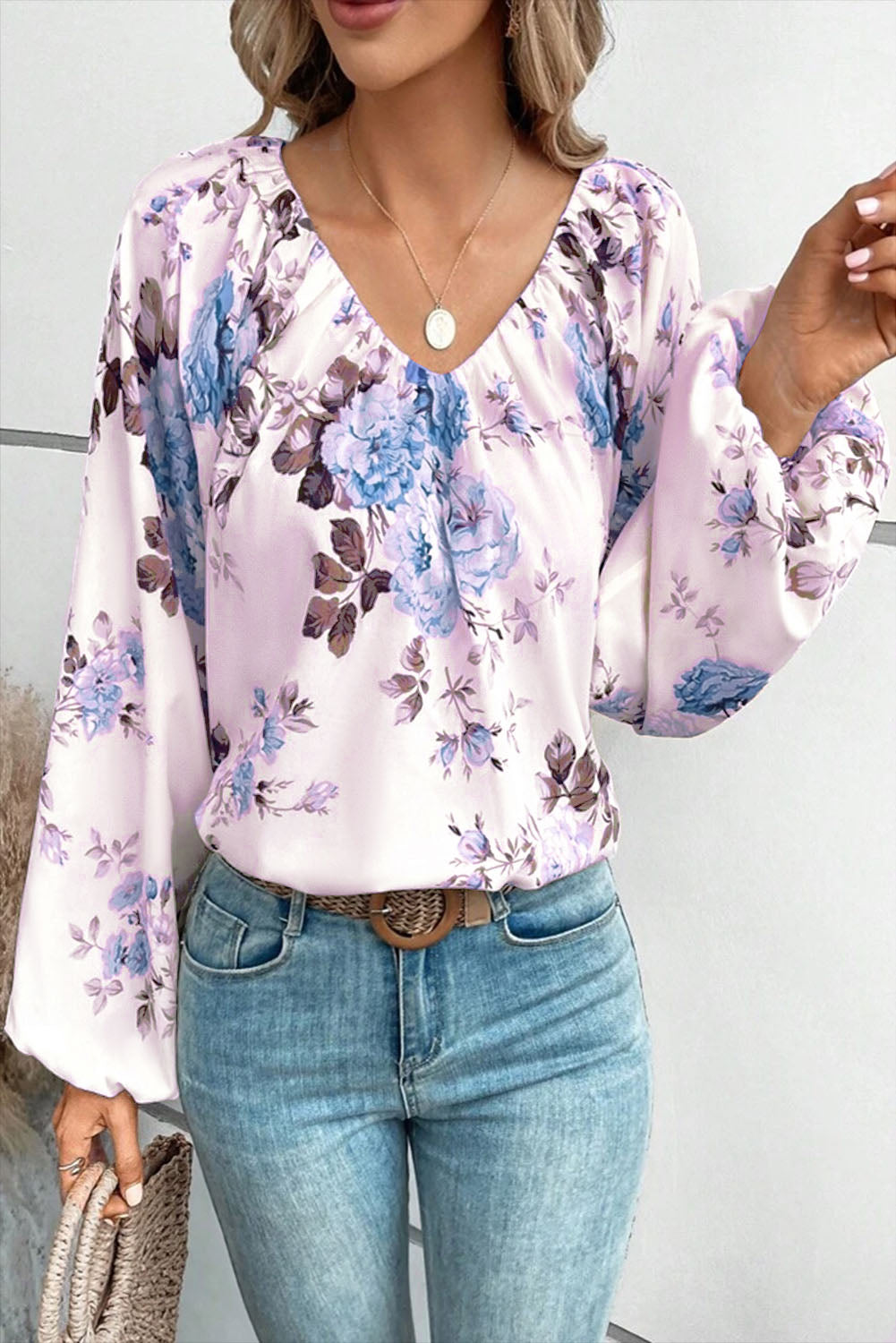 Purple Floral Print Lantern Sleeve V-Neck Blouse Tops & Tees JT's Designer Fashion