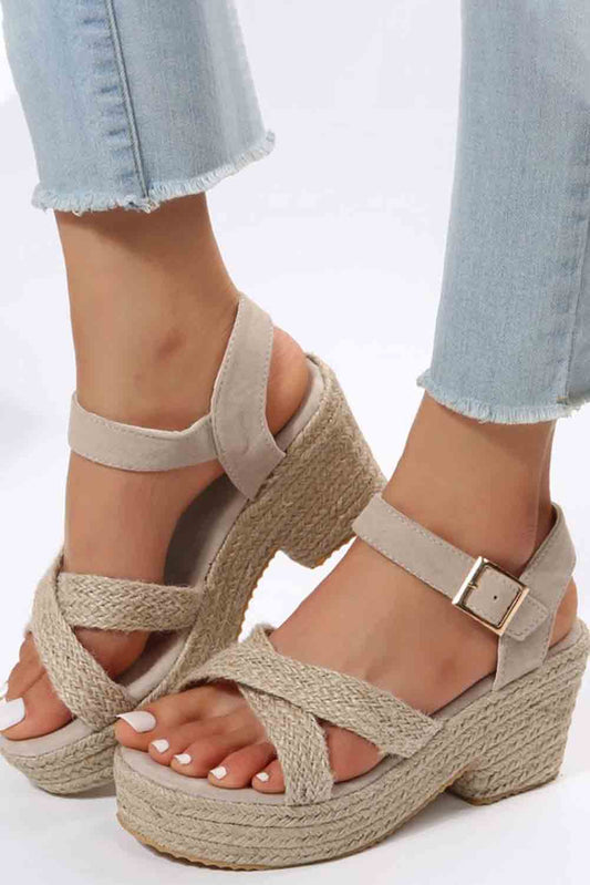 Apricot Criss Cross Linen Woven Buckle Wedge Sandals Sandals JT's Designer Fashion