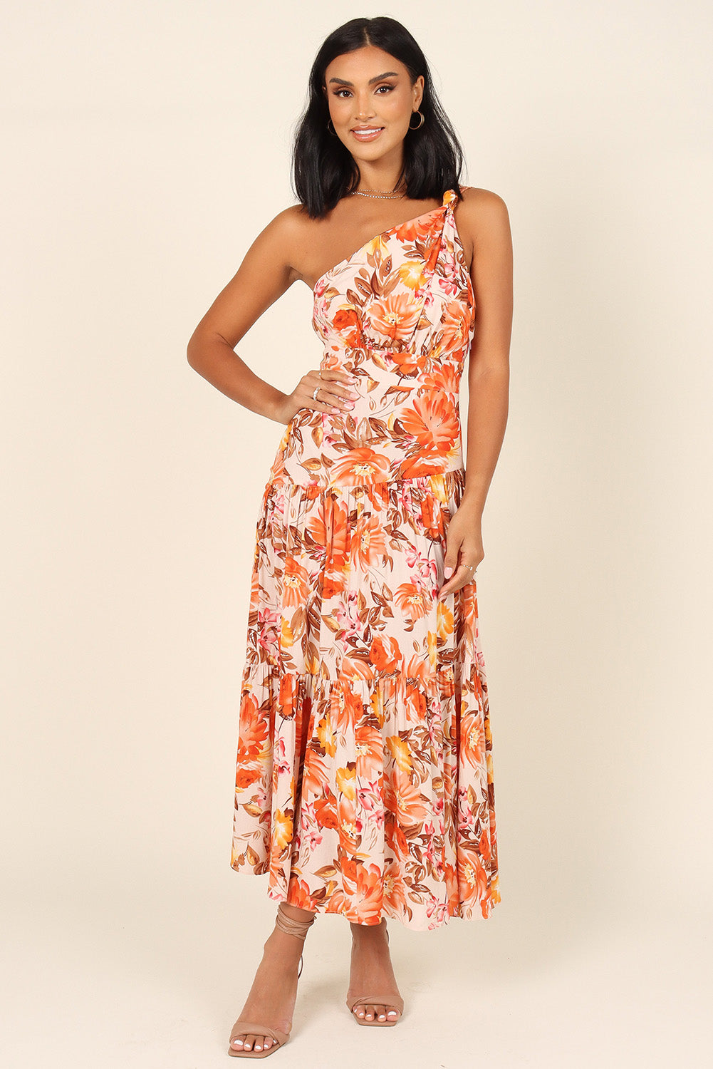 Orange Floral Print Pleated One Shoulder High Waist Maxi Dress Floral Dresses JT's Designer Fashion