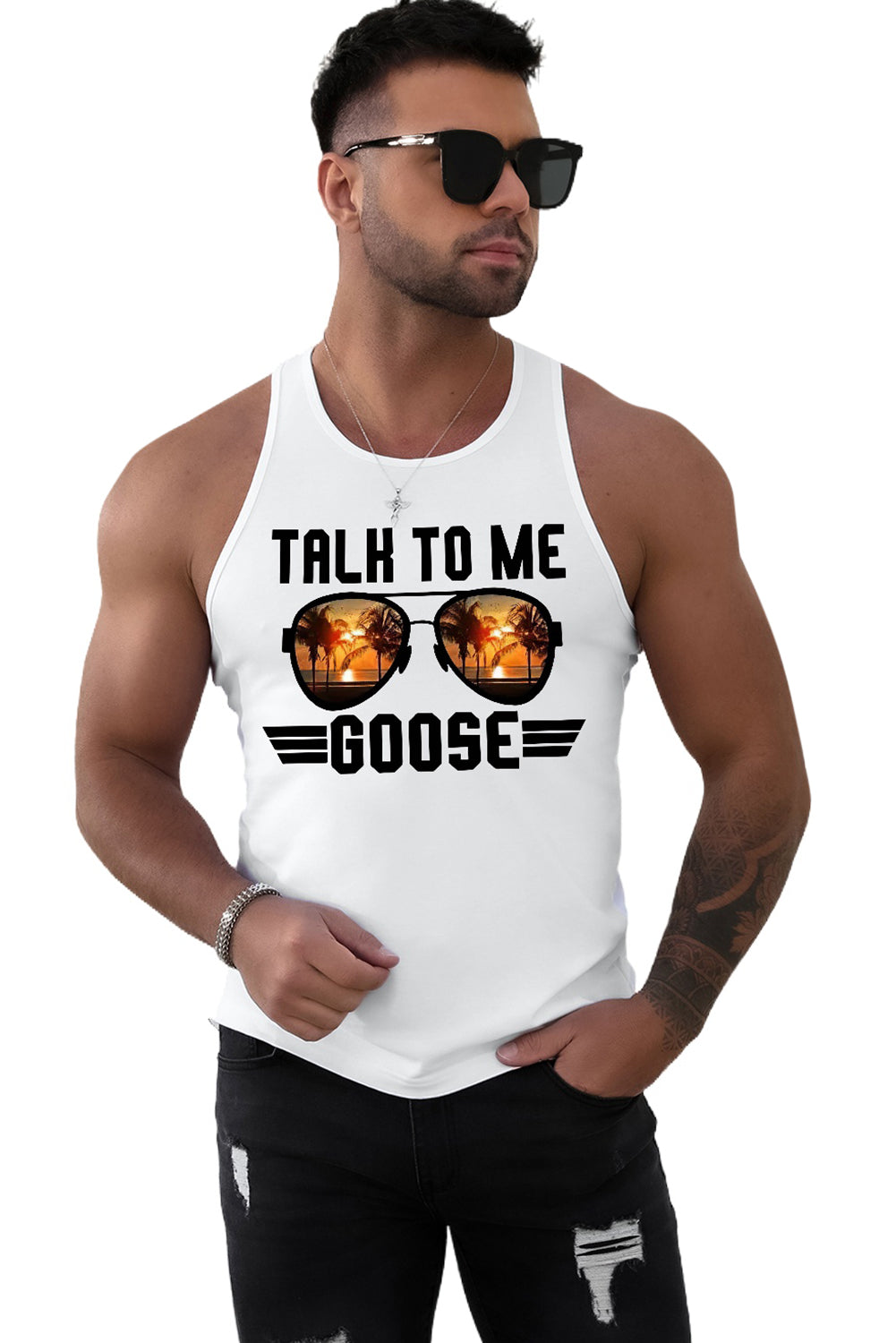 White Talk to Me Goose Beach Scenery Sunglasses Graphic Tank Top Men's Tops JT's Designer Fashion