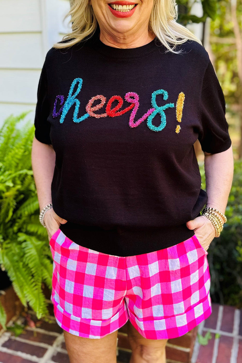 Black Plus Size Cheers Glitter Script Short Sleeve Sweater Plus Size JT's Designer Fashion