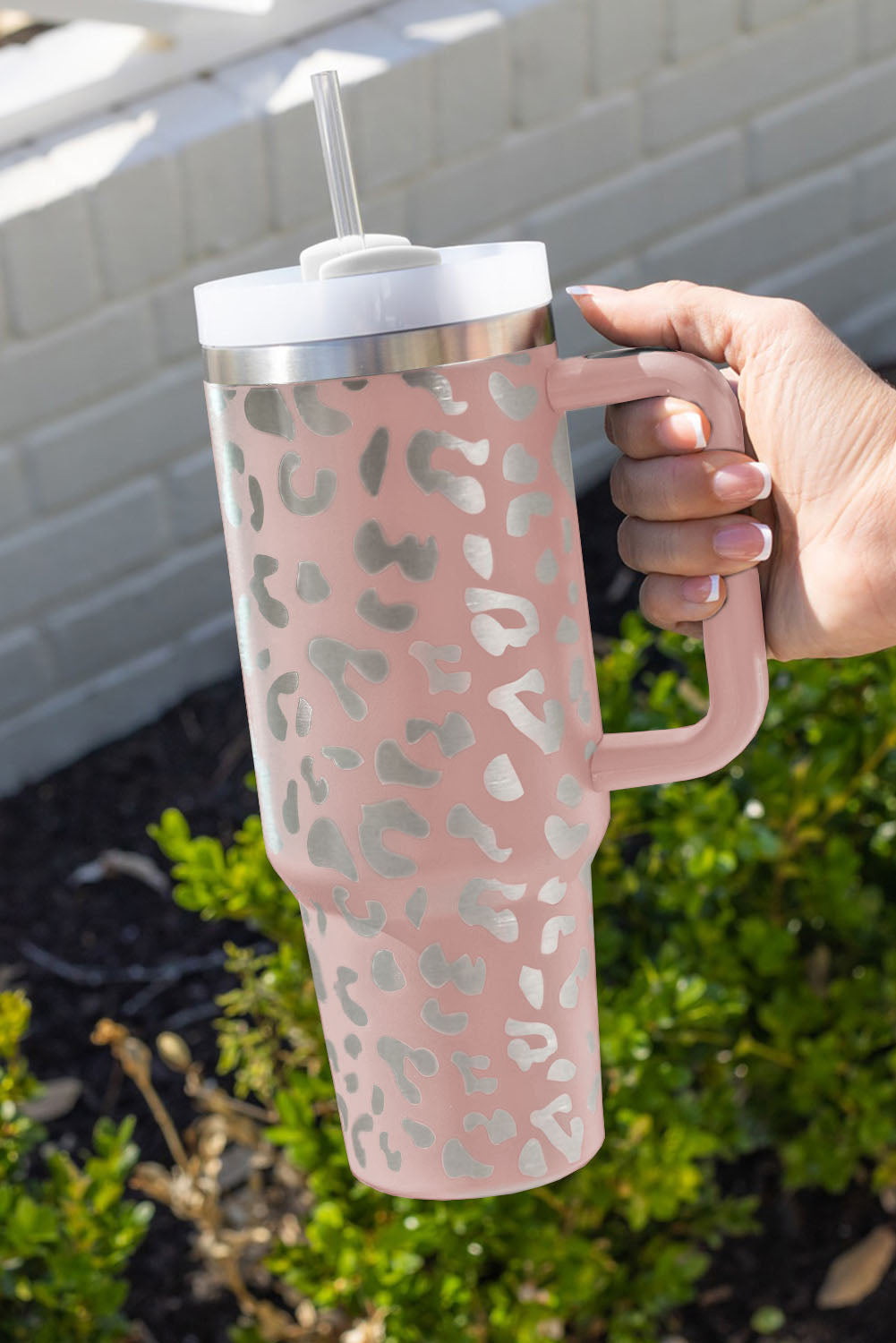 Pink Leopard Print 40OZ Stainless Steel Portable Cup with Handle Tumblers JT's Designer Fashion