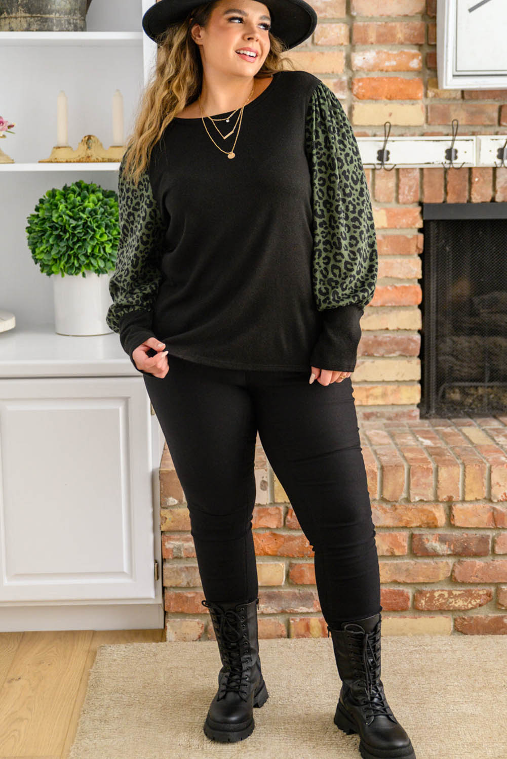 Black Leopard Contrast Long Sleeve Plus Size Top Plus Size JT's Designer Fashion