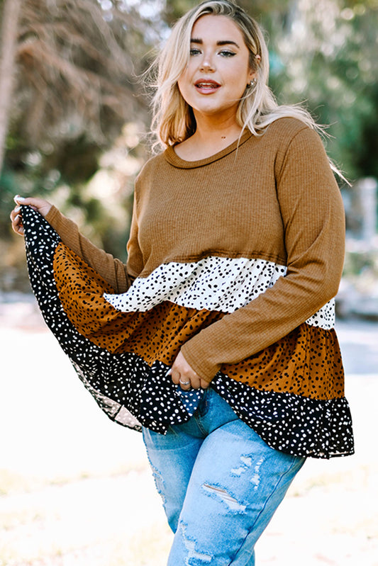 Brown Plus Size Knit Dotted Print Tiered Top with Ruffle Plus Size Tops JT's Designer Fashion