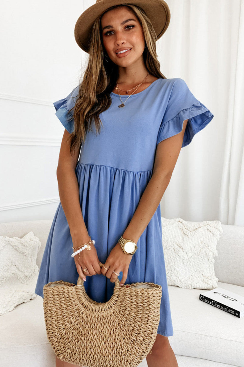 Sky Blue Round Neck Ruffle Sleeve Loose Dress Mini Dresses JT's Designer Fashion