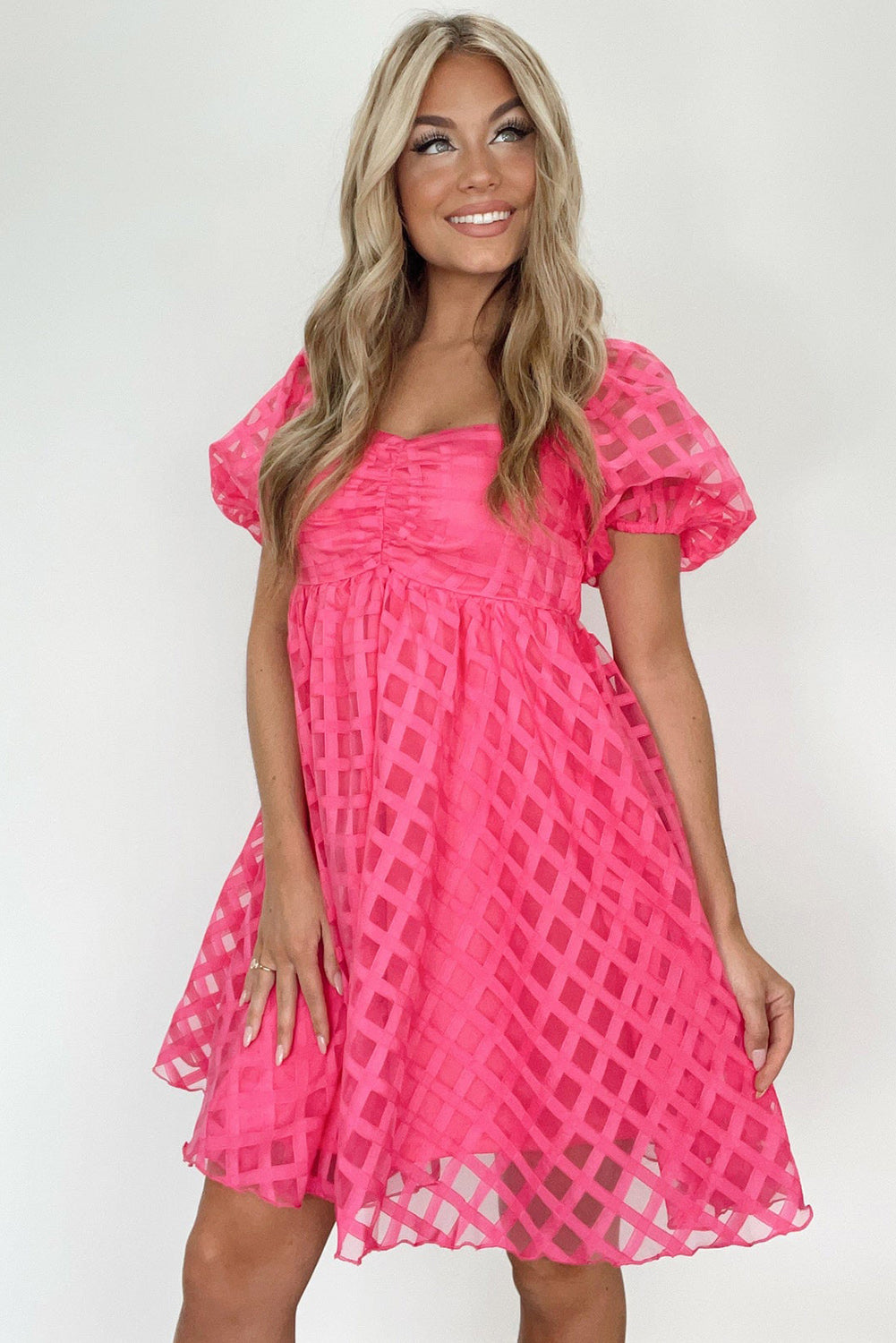 Strawberry Pink Checkered Mesh Puff Sleeve Babydoll Mini Dress Dresses JT's Designer Fashion