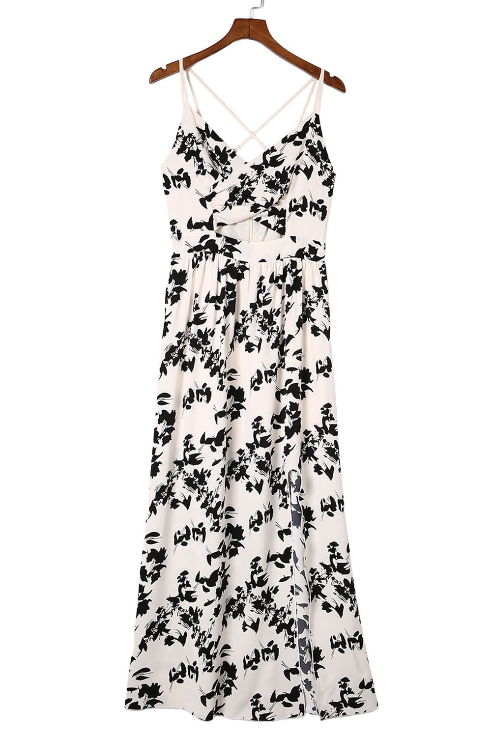 Beige Crossover Hollow-out Maxi Floral Dress with Slit Floral Dresses JT's Designer Fashion