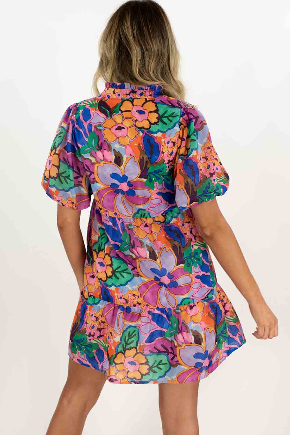 Multicolor Floral Puff Sleeve Notch V-Neck Ruffled Mini Dress Dresses JT's Designer Fashion