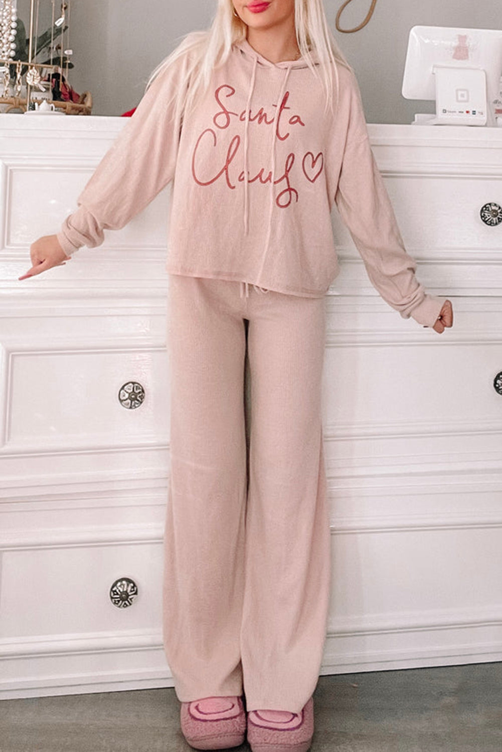 Light Pink Santa Claus Christmas PJ Set Loungewear JT's Designer Fashion