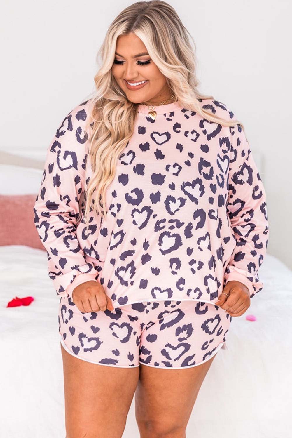 Pink Plus Size Leopard Heart Print Long Sleeve and Shorts Lounge Set Plus Size JT's Designer Fashion