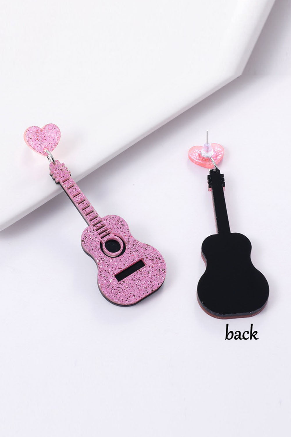 Barbie Style Pink Shiny Guitar Love Music Festival Heart Stud Earrings Jewelry JT's Designer Fashion