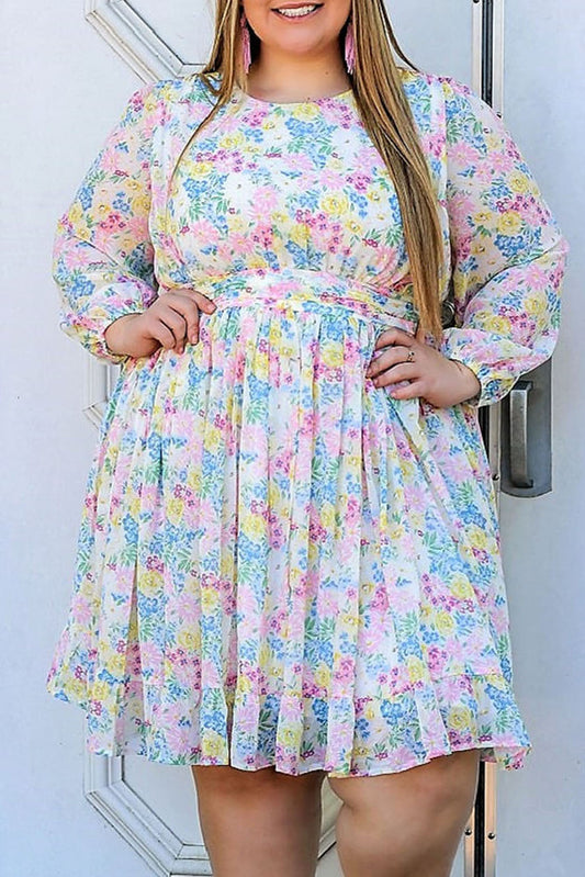 Multicolor Floral Long Sleeve Pleated Plus Size Dress Plus Size JT's Designer Fashion