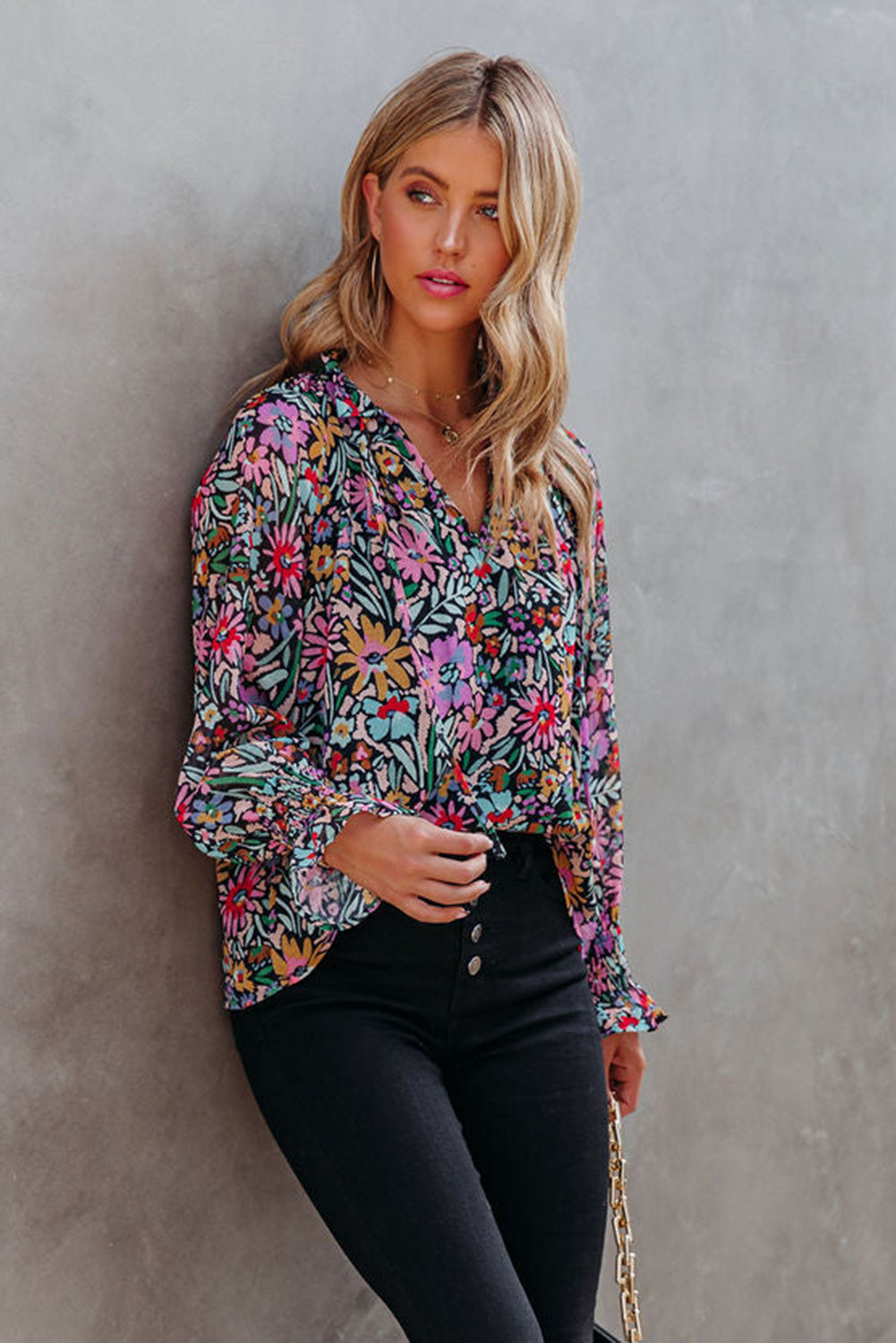 Multicolor Floral Long Sleeve V-Neck Blouse Tops & Tees JT's Designer Fashion